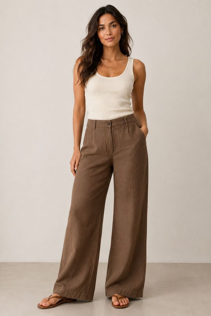 H&M Womens Size 8 Brown Linen Blend Wide Leg Pants Elastic Back Pockets